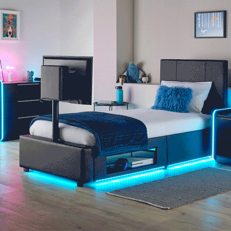 Ava black TV bed with LED lights - luxury upholstered bed with a built in TV mount and under bed storage 