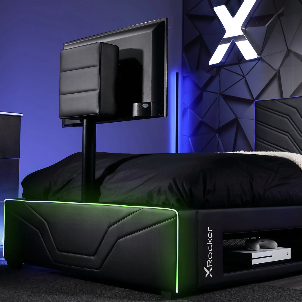 Gaming lifestyle bed frame with built-in TV mount and RGB LEDs