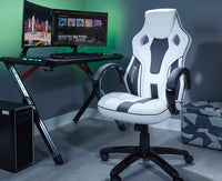 x rocker pc office gaming chair in white and black in a game room setting and LED light effect